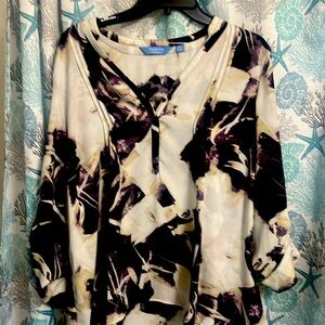 White, black cream, purple, long sleeve, partial button, extra large dress top.